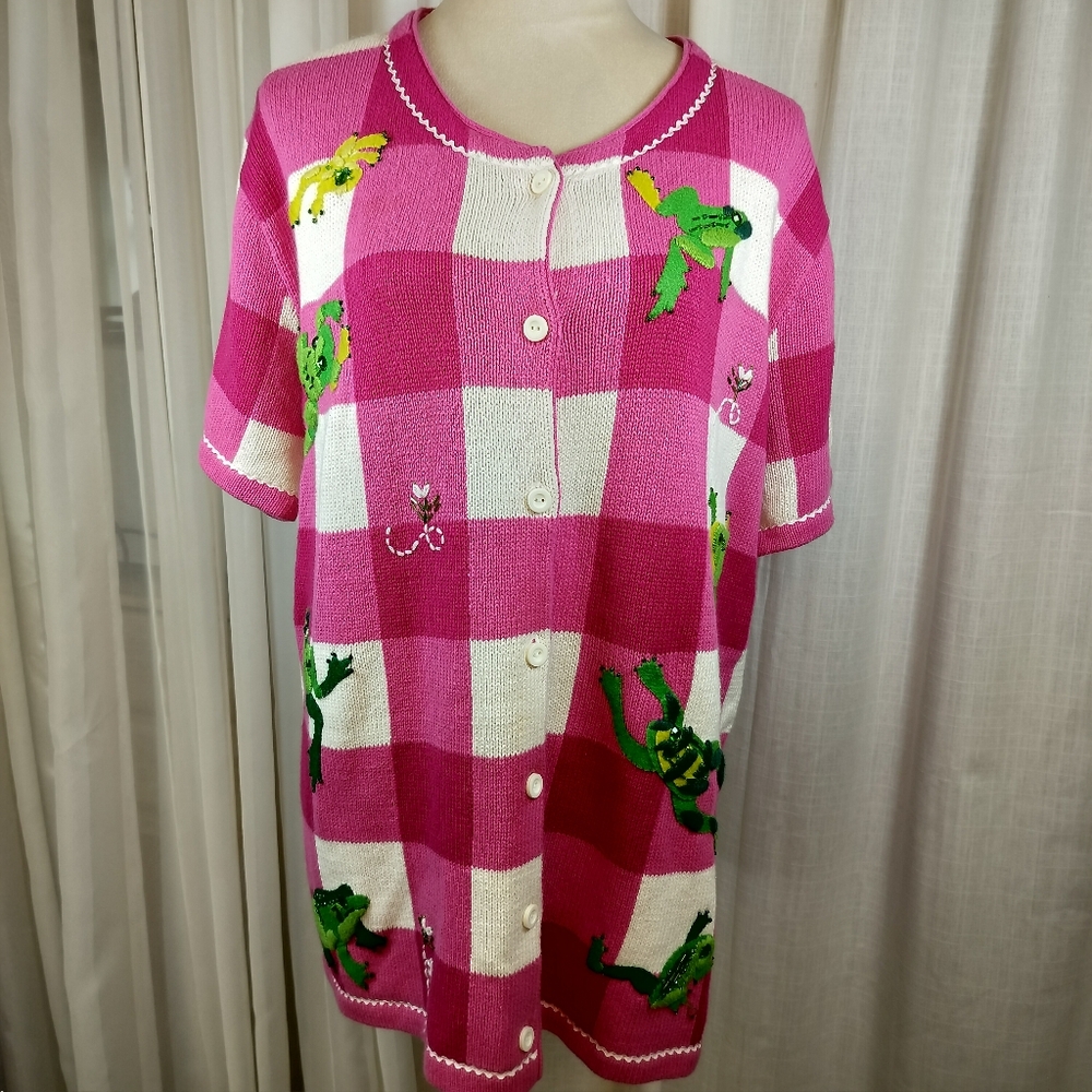 VTG Pink & White Checkered Dopamine Granny Knit Cardigan Frog Embroidery Size 1X